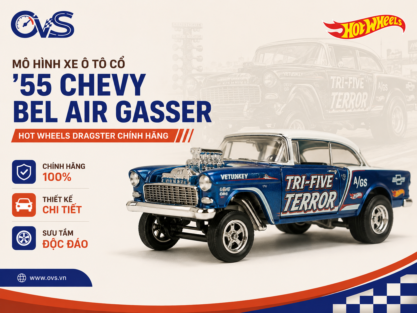 Mô hình xe ô tô cổ ’55 Chevy Bel Air Gasser Hot Wheels dragster chính hãng