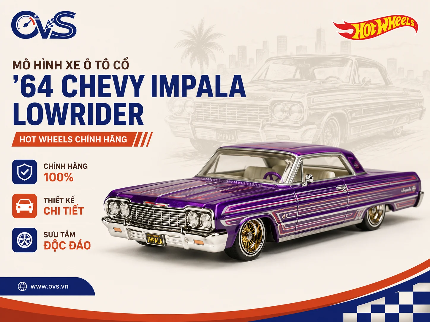Mô hình xe ô tô cổ ’64 Chevy Impala Hot Wheels Lowrider chính hãng